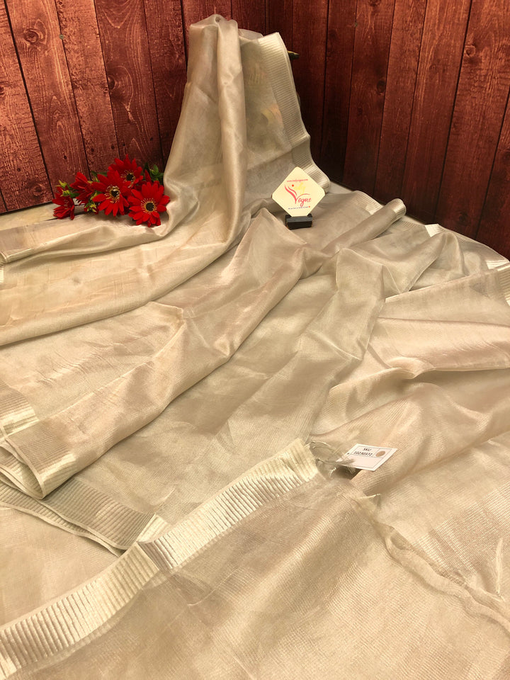 Silver Color Designer Tissue Silk Saree with Zari Check