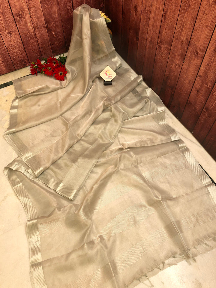 Silver Color Designer Tissue Silk Saree with Zari Check