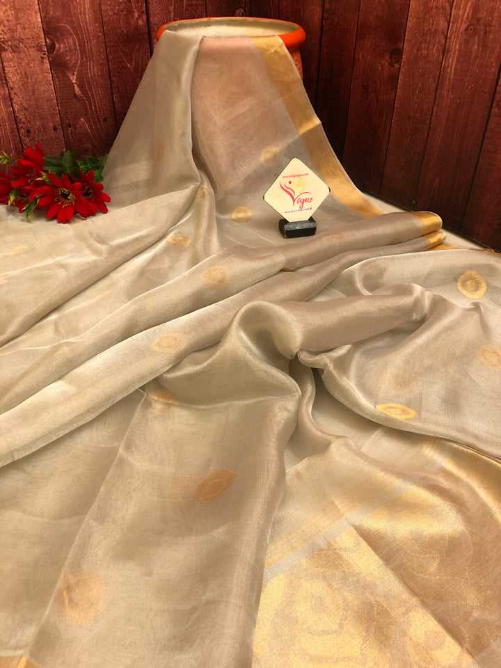 Silver & Golden Color Designer Tissue Silk Saree with Zari Check