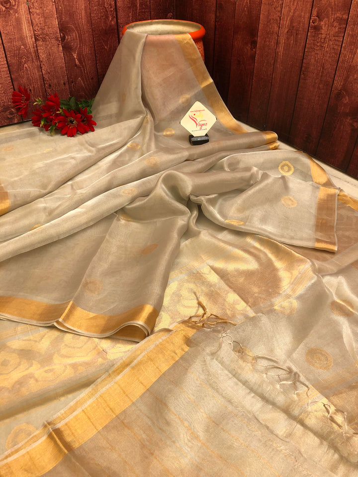 Silver & Golden Color Designer Tissue Silk Saree with Zari Check