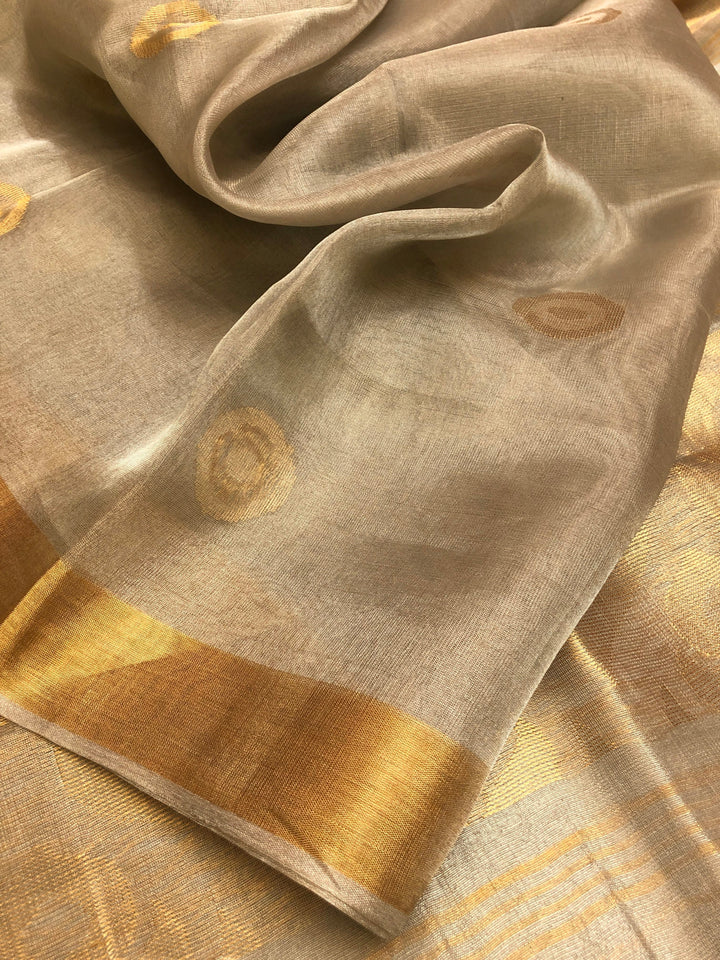 Silver & Golden Color Designer Tissue Silk Saree with Zari Check