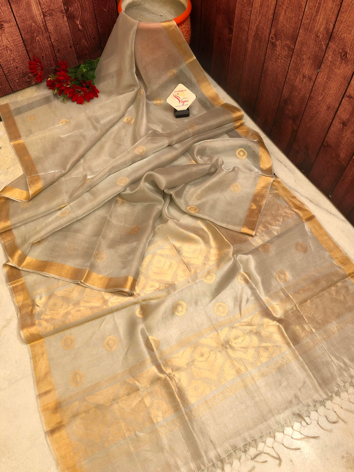 Silver & Golden Color Designer Tissue Silk Saree with Zari Check