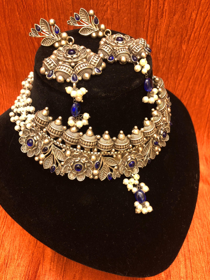 Silver Replica Choker Necklace Set with Blue Stone and Pearl Work