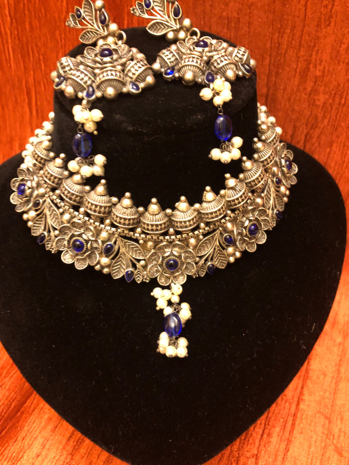 Silver Replica Choker Necklace Set with Blue Stone and Pearl Work