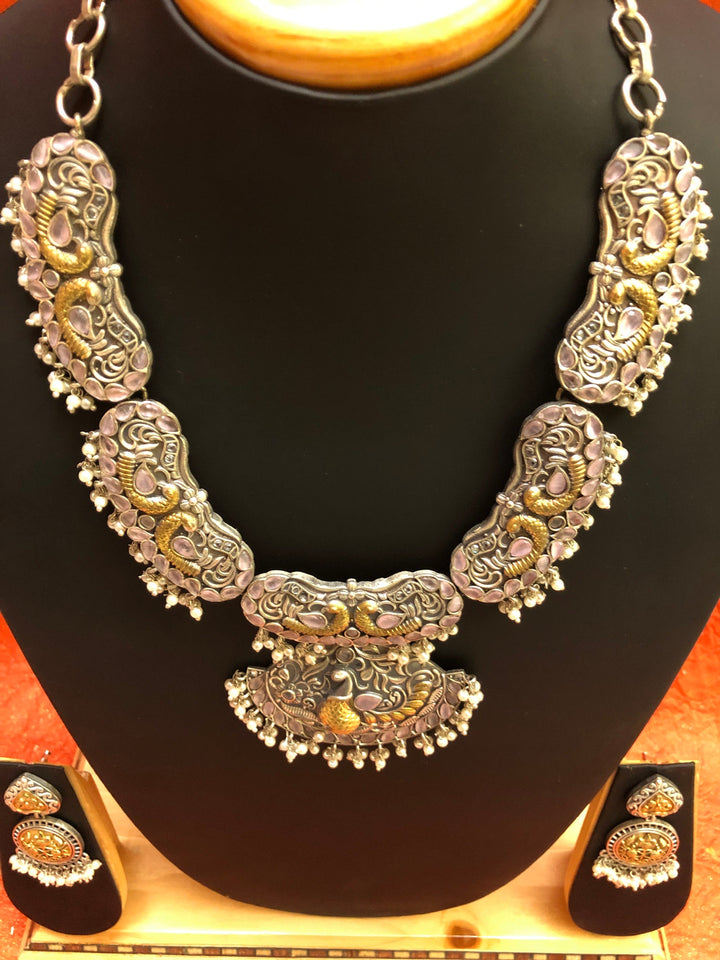Sitahar Style Silver Polish Necklace with with Dual-Tone Blush Pink Monalisa Stone