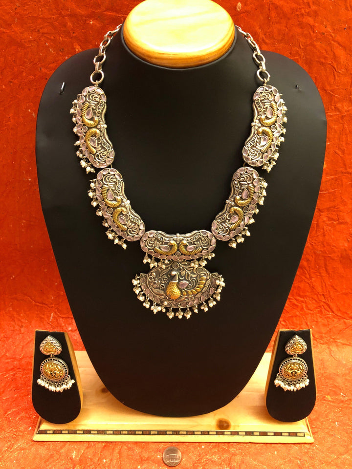 Sitahar Style Silver Polish Necklace with with Dual-Tone Blush Pink Monalisa Stone