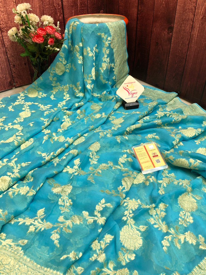 Sky Blue Color Pure Khaddi Georgette Banarasi Saree