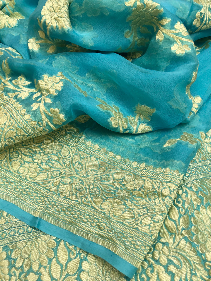 Sky Blue Color Pure Khaddi Georgette Banarasi Saree