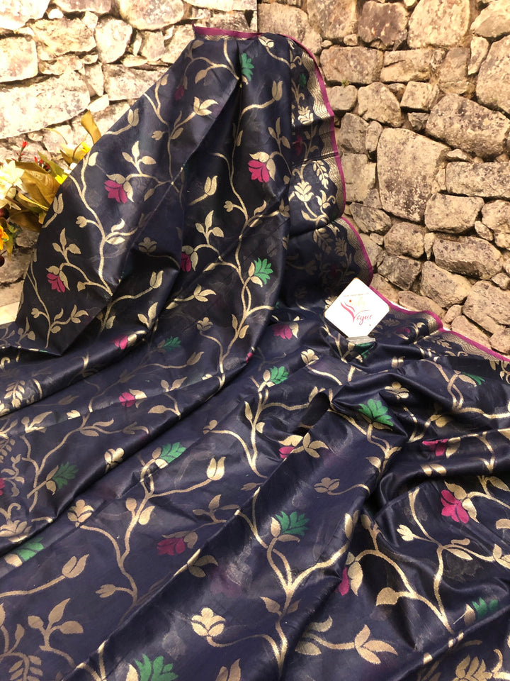 Space Blue Color Cotton Silk Chanderi Saree with Zari Work