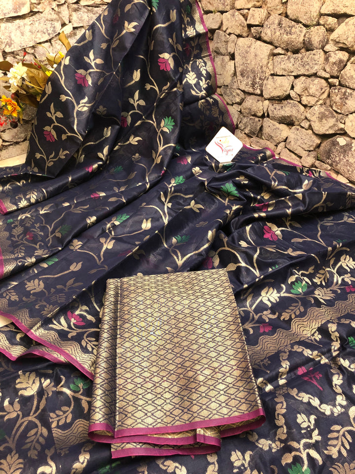 Space Blue Color Cotton Silk Chanderi Saree with Zari Work