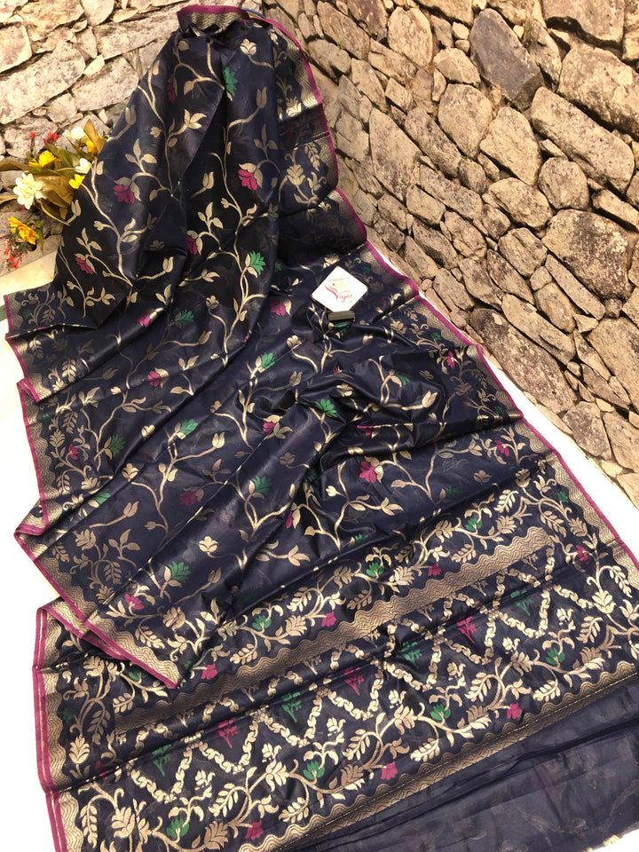 Space Blue Color Cotton Silk Chanderi Saree with Zari Work