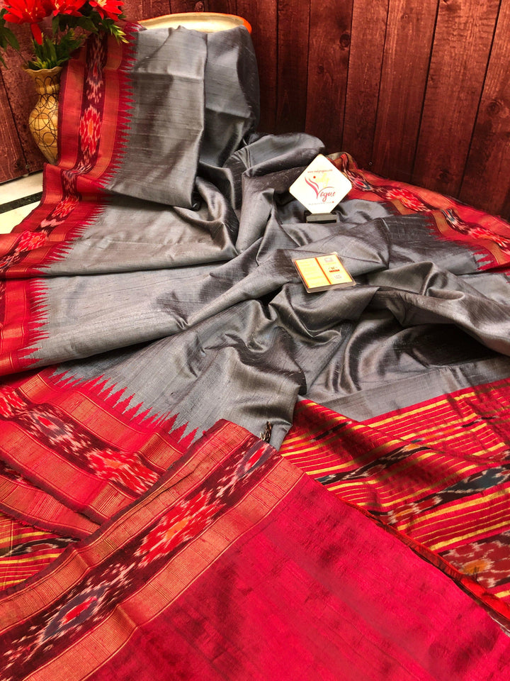 Steel and Gray Color Raw Silk Saree with Ikat Pallu & Border