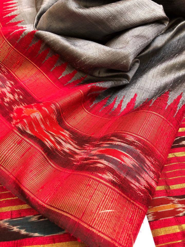 Steel and Gray Color Raw Silk Saree with Ikat Pallu & Border