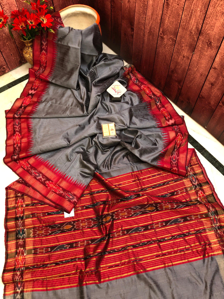 Steel and Gray Color Raw Silk Saree with Ikat Pallu & Border