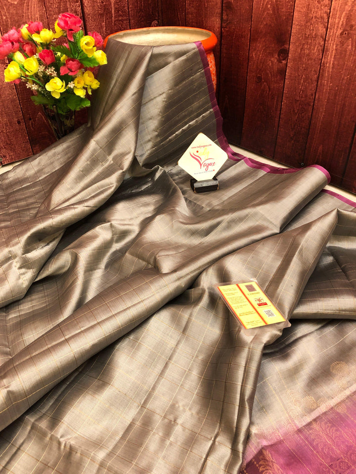 Steel Gray and Magenta Color Soft Kanchipuram Silk Saree with Checks