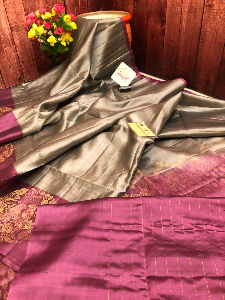 Steel Gray and Magenta Color Soft Kanchipuram Silk Saree with Checks