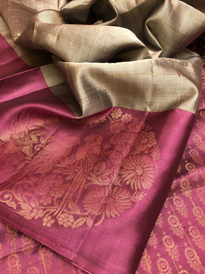 Steel Gray and Magenta Color Soft Kanchipuram Silk Saree with Checks