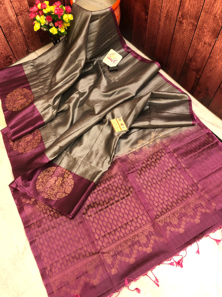 Steel Gray and Magenta Color Soft Kanchipuram Silk Saree with Checks