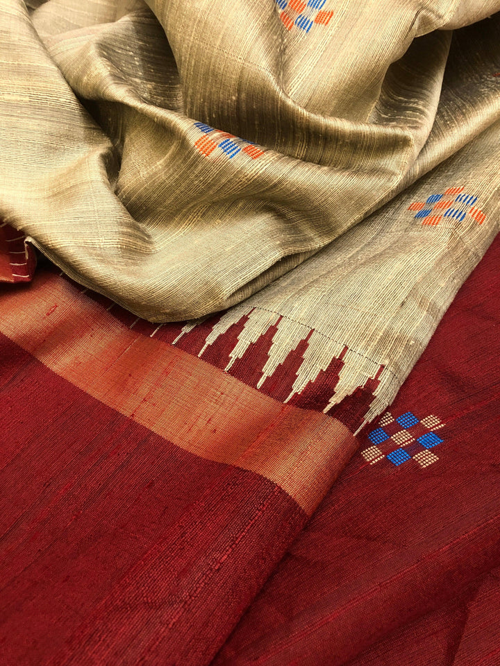 Steel Gray and Maroon Color Raw Silk Saree with Butti