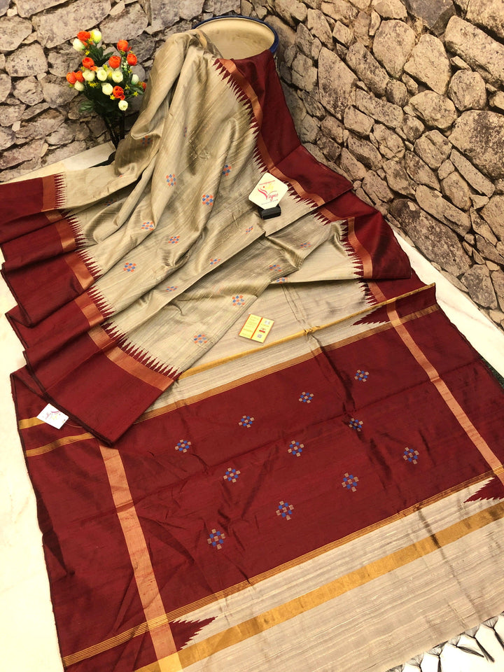 Steel Gray and Maroon Color Raw Silk Saree with Butti