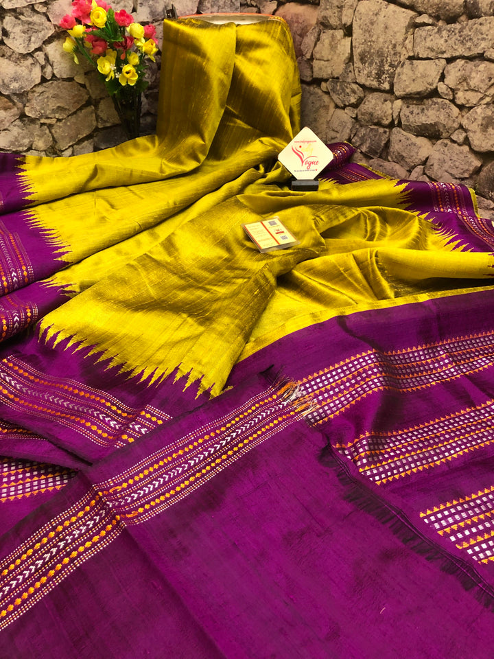 Sulphur Spring Color Pure Raw Silk Saree with Vidarbha Border