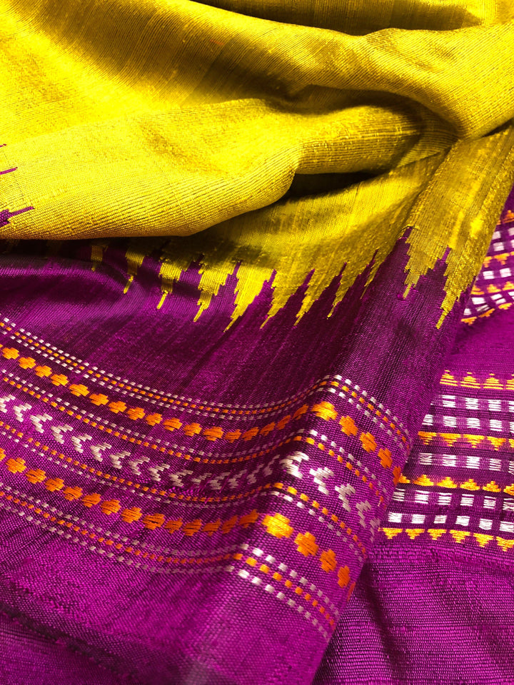 Sulphur Spring Color Pure Raw Silk Saree with Vidarbha Border
