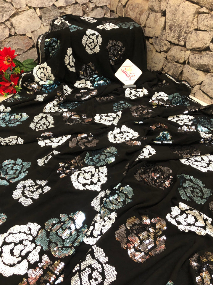 Tar Black Color Designer Georgette Saree with Sequin Work