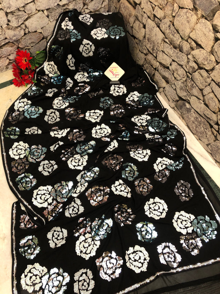 Tar Black Color Designer Georgette Saree with Sequin Work