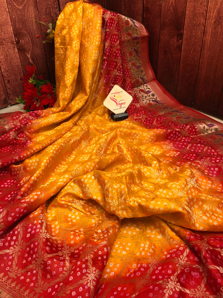 Turmeric Yellow and Red Color Dupion Silk with Paithani Design & Bandhej Work
