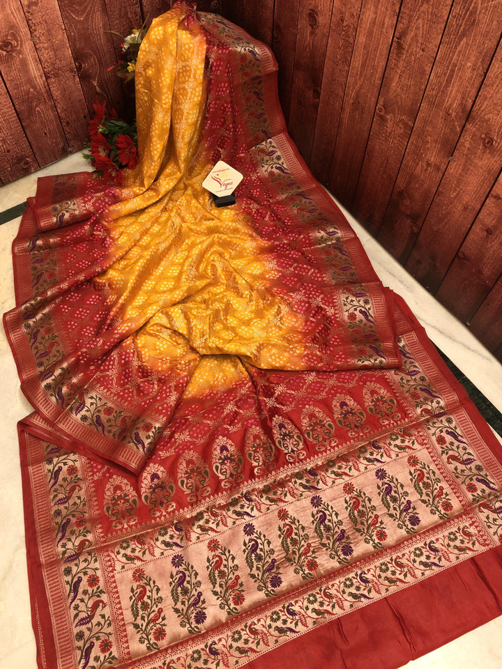 Turmeric Yellow and Red Color Dupion Silk with Paithani Design & Bandhej Work