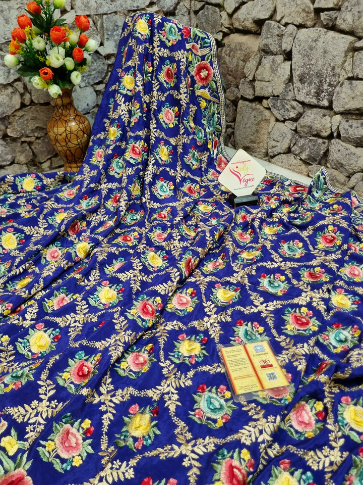 Ultramarine Blue Color Crepe Silk with Full-Body Parsi Gara Embroidery
