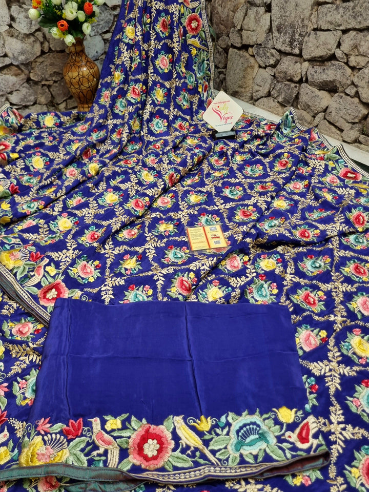 Ultramarine Blue Color Crepe Silk with Full-Body Parsi Gara Embroidery