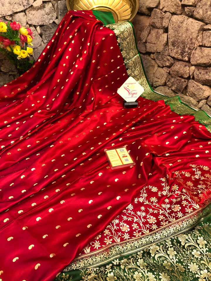 Vermillion Red and Green Color Katan Banarasi Saree