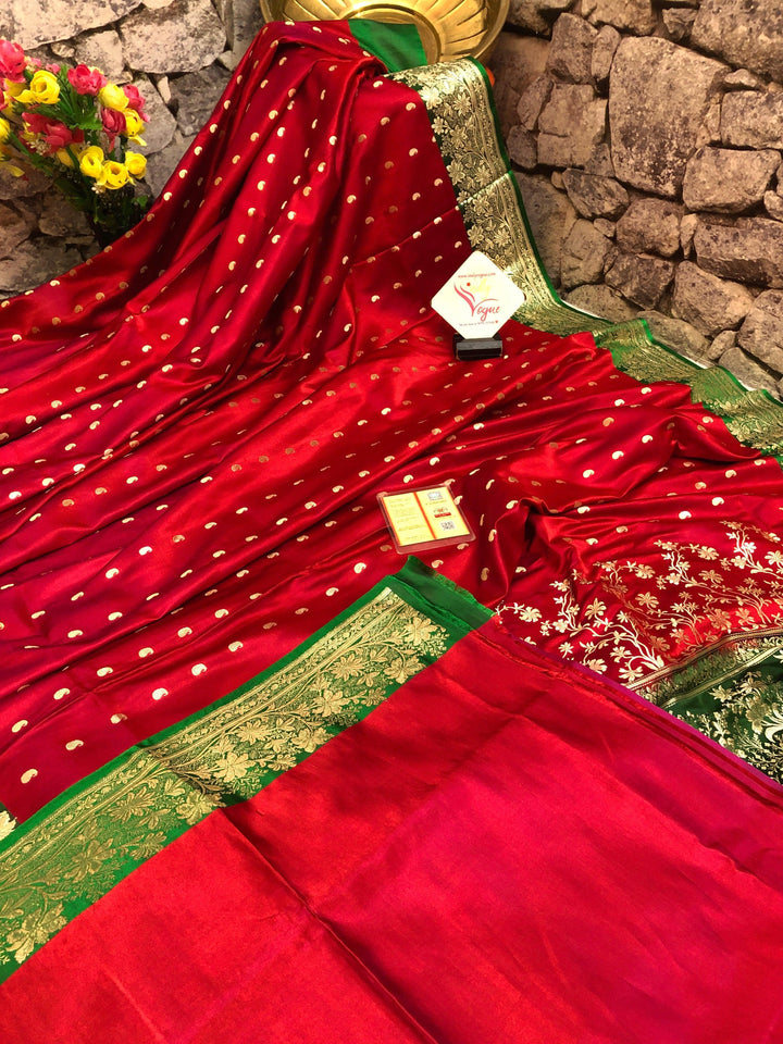 Vermillion Red and Green Color Katan Banarasi Saree