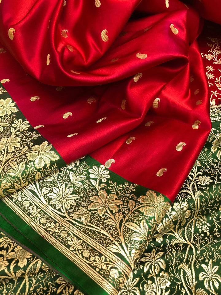 Vermillion Red and Green Color Katan Banarasi Saree