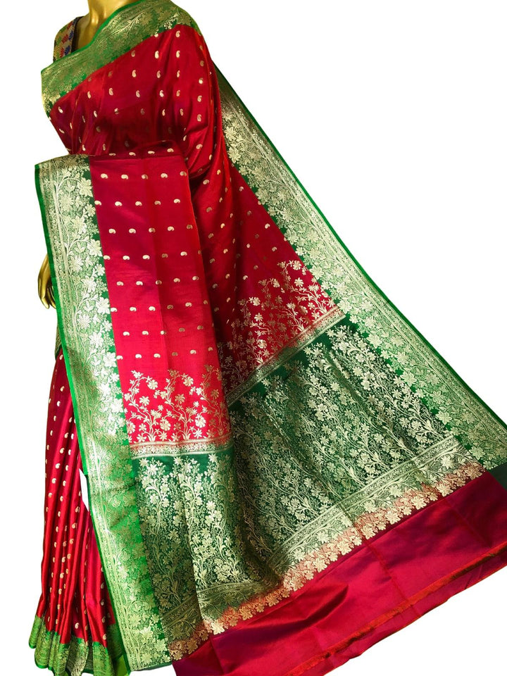 Vermillion Red and Green Color Katan Banarasi Saree
