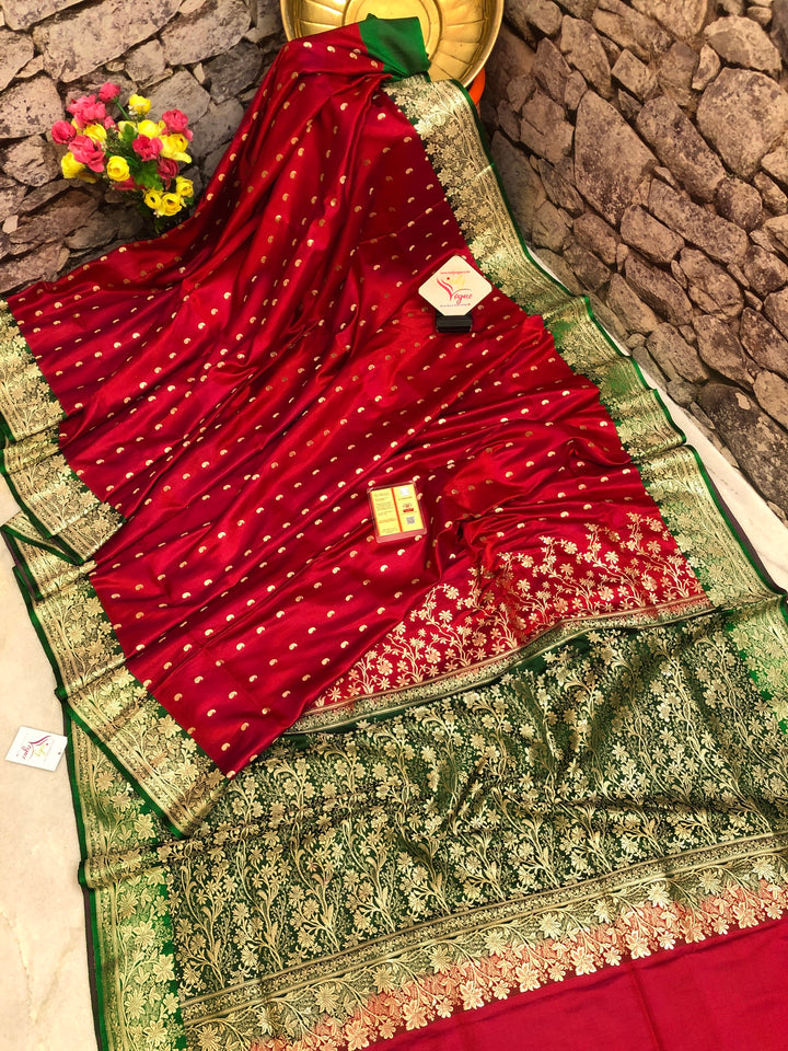 Vermillion Red and Green Color Katan Banarasi Saree