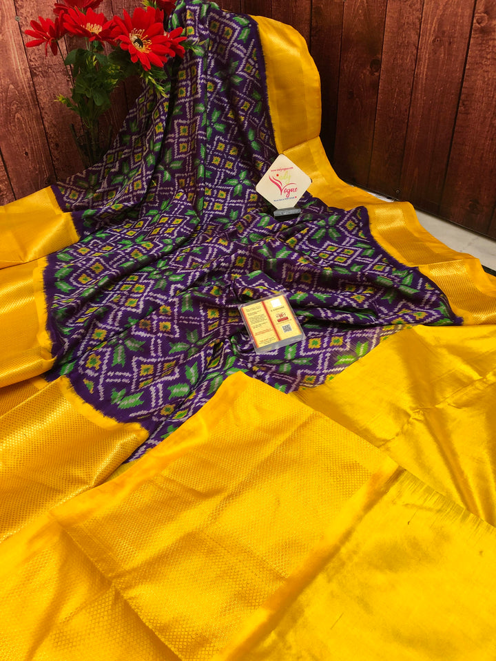 Violet and Golden yellow Color Pure Ikat Silk Saree with Broad Border