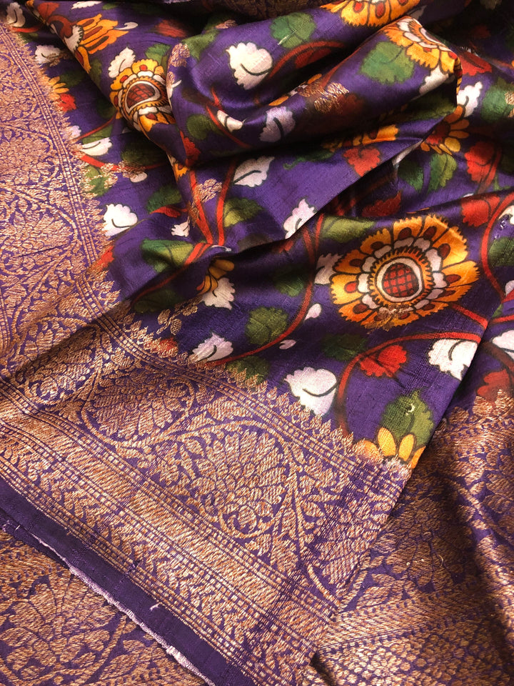Violet and Multicolor Tussar Banarasi Saree with Kalamkari Print Work