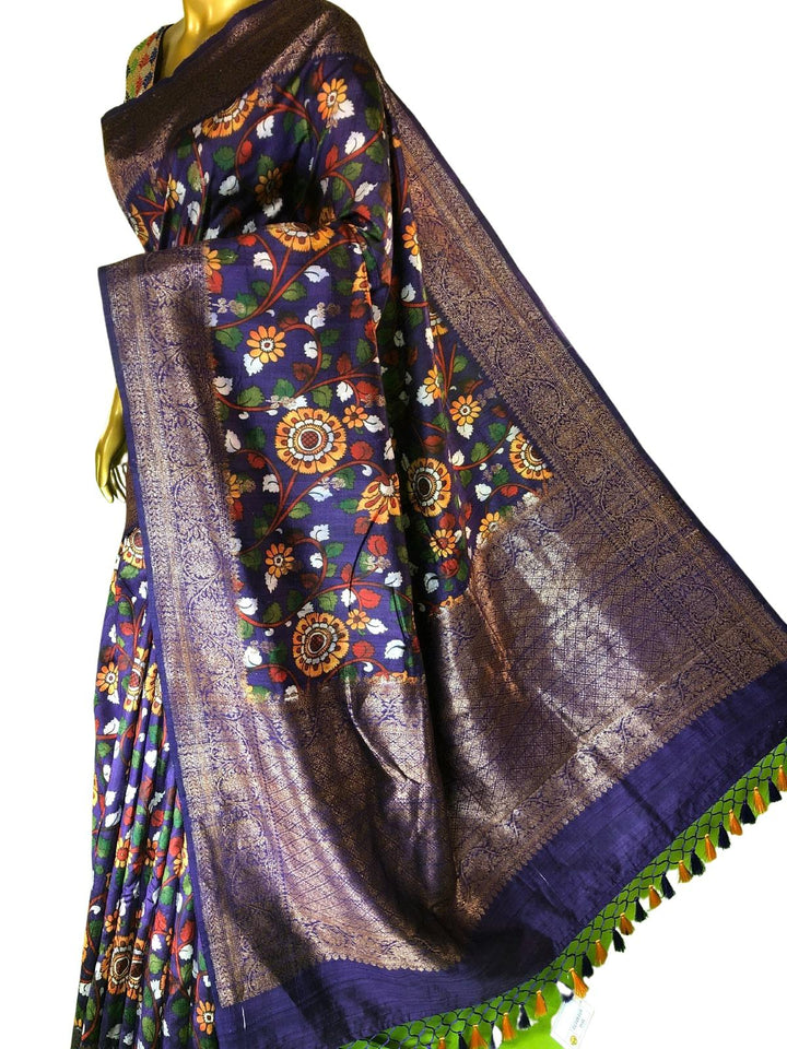 Violet and Multicolor Tussar Banarasi Saree with Kalamkari Print Work