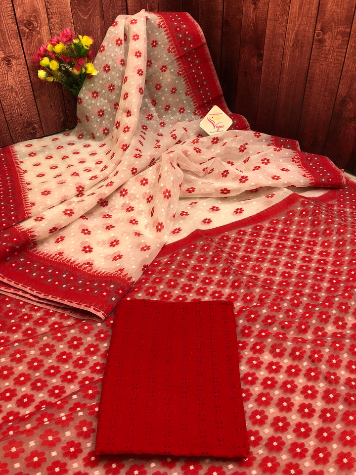White and Berry Red Color Jamdani Saree
