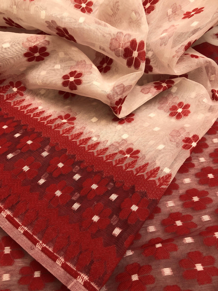 White and Berry Red Color Jamdani Saree