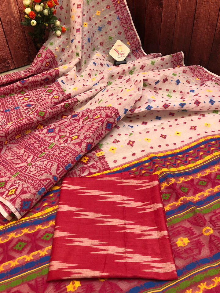 White and Multicolor Butta Work Jamdani Saree