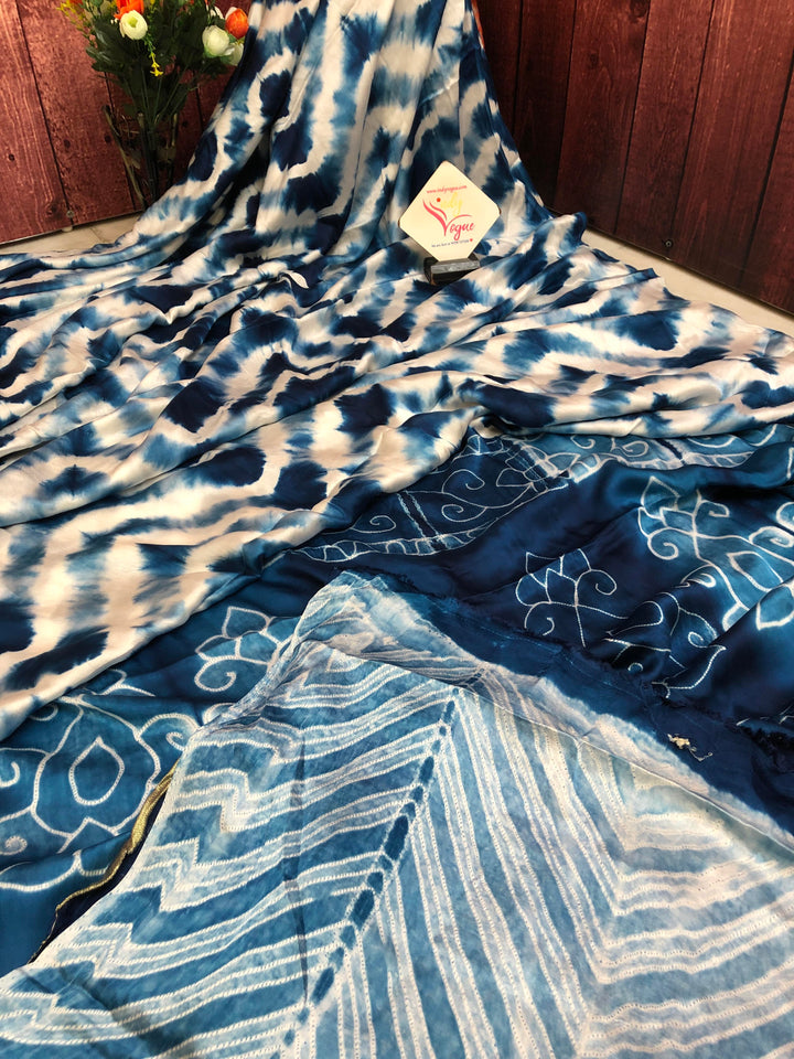White & Blue Color Modal Silk Saree with Tie-Dye & Zari Work