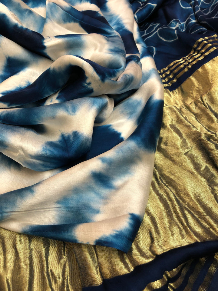 White & Blue Color Modal Silk Saree with Tie-Dye & Zari Work