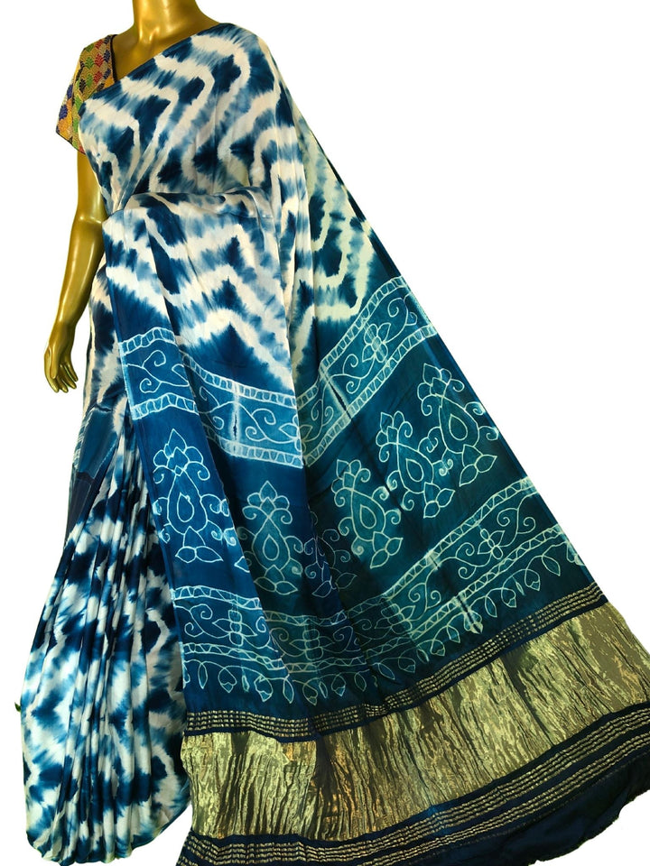 White & Blue Color Modal Silk Saree with Tie-Dye & Zari Work