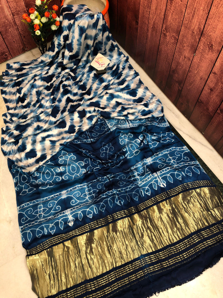 White & Blue Color Modal Silk Saree with Tie-Dye & Zari Work