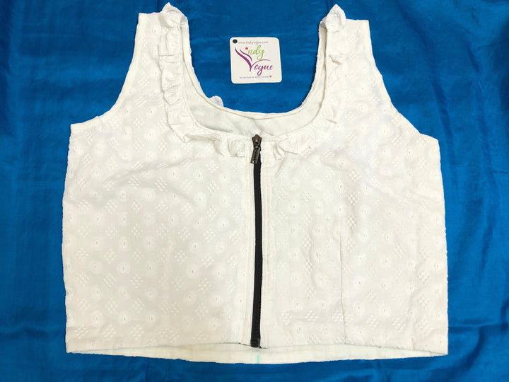 White Color Designer Chikankari Sleeveless Blouse with Frill Neck
