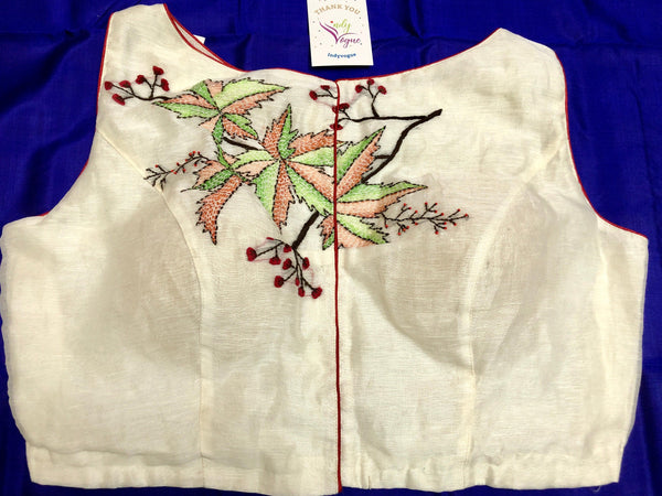 White Color Silk Linen Hand Embroidered Sleeveless Blouse