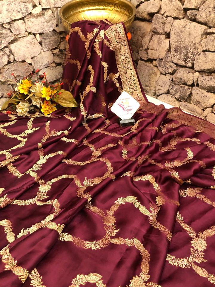 Wine Color Satin Silk Banarasi Saree